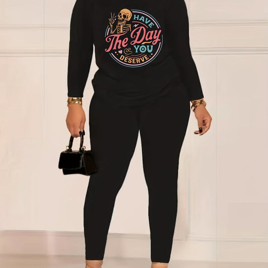 Women's Plus Skull & Letter Print Tee & Leggings Outfits 2pcs Set