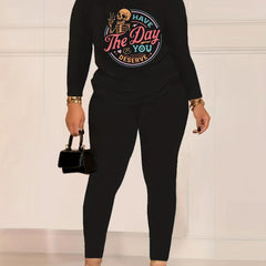 Women's Plus Skull & Letter Print Tee & Leggings Outfits 2pcs Set
