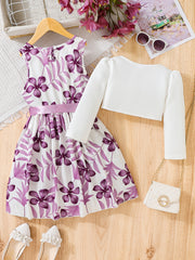 2pcs Boho Floral Dress And Cardigan Set For Little Girls Kids Casual Dresses
