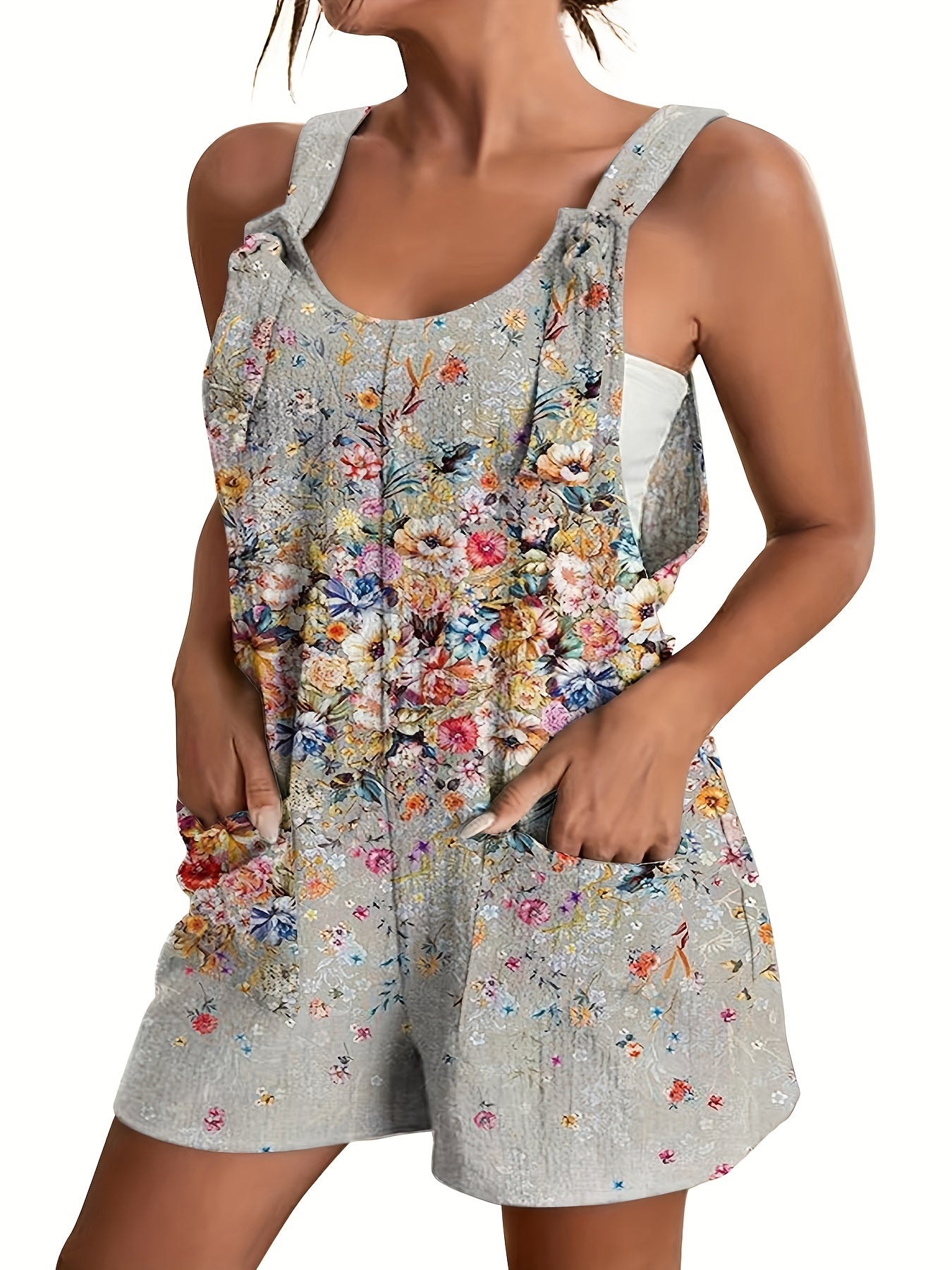 Floral Print Pocket Front Romper Casual Sleeveless Wide Leg Romper