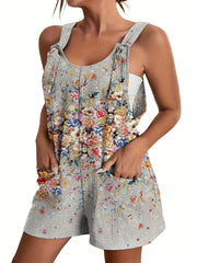 Floral Print Pocket Front Romper Casual Sleeveless Wide Leg Romper