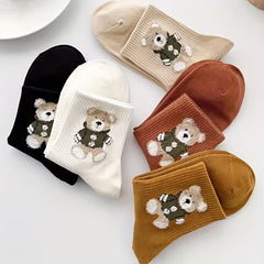 5 Pairs Cartoon Bear Print Socks Women's Stockings