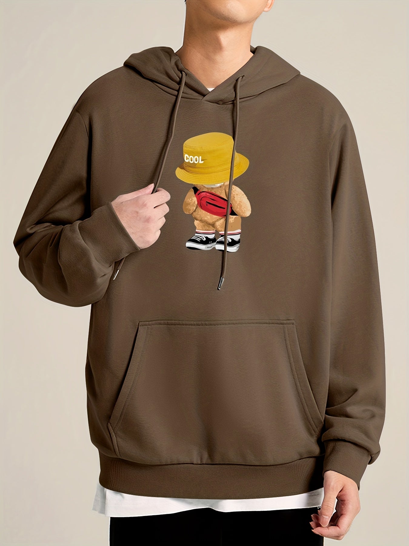 Teddy Bear Print Hoodie Men's Casual Pullover Hooded Sweatshirt