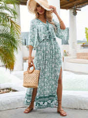 Floral Print Vacation 2pc Set Tie Front V Neck Tops & Split Thigh Maxi Skirts
