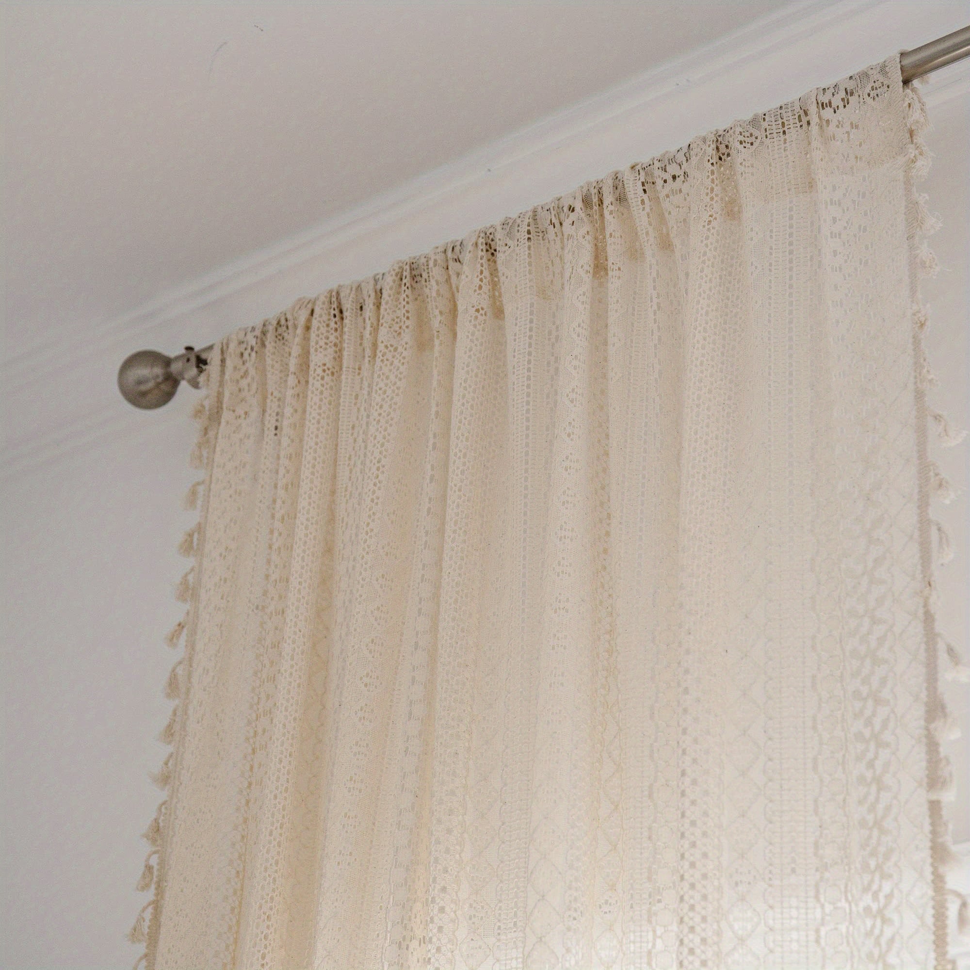Bohemian Sheer Curtain with Hollow Trim and Tassel - Home Decor