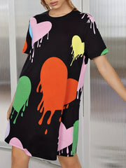 Heart Print Lounge Dress Soft & Comfy Short Sleeve Crew Neck Home Dress