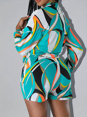 Geometric Print Twist Front Crop Top & Shorts Set