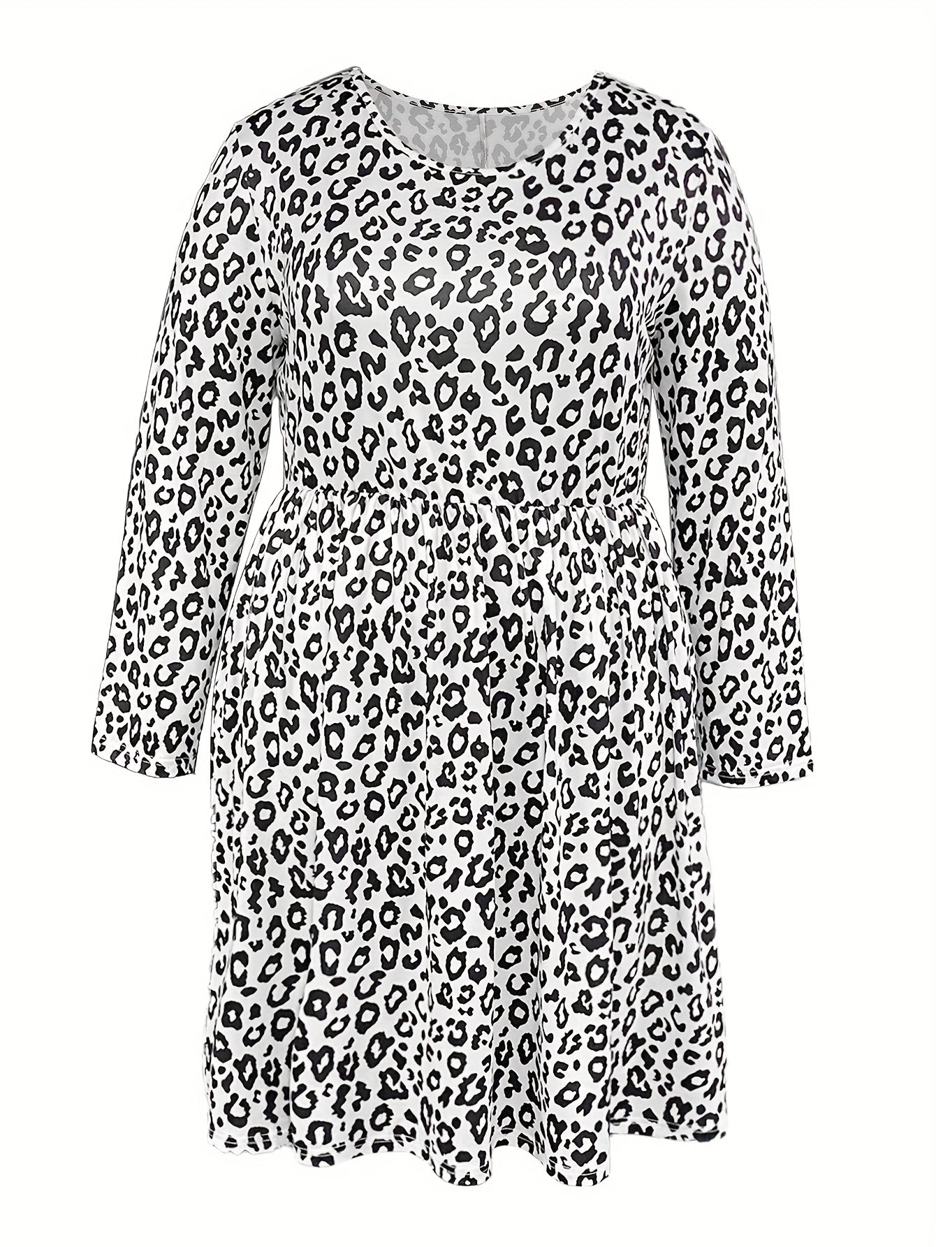 Leopard Print Long Sleeve Casual Dress with Pockets