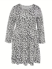 Leopard Print Long Sleeve Casual Dress with Pockets