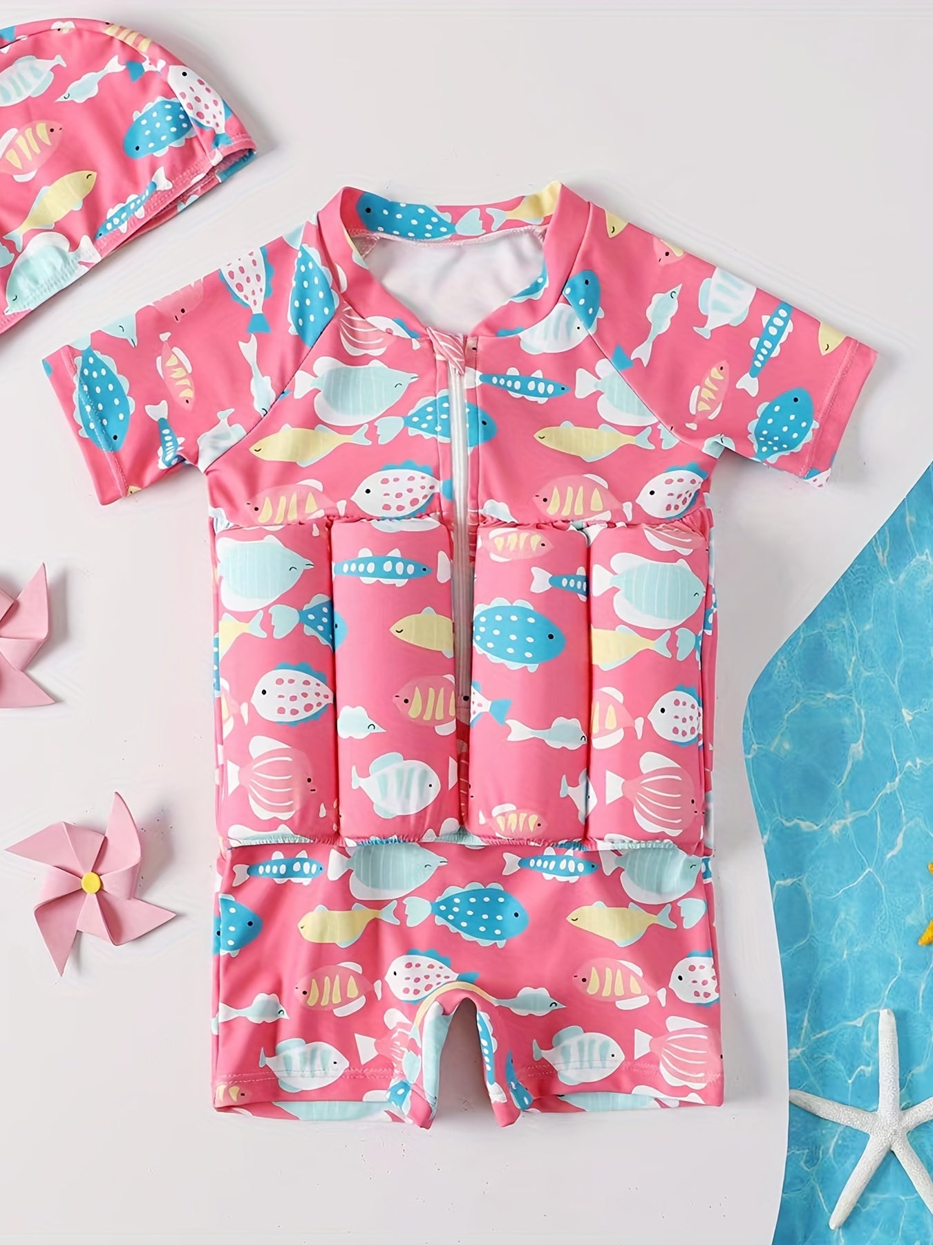 2pcs Baby Girls Fish Print One Piece Swimsuit With Buoyancy & Swimming Cap Set