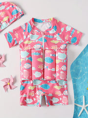 2pcs Baby Girls Fish Print One Piece Swimsuit With Buoyancy & Swimming Cap Set