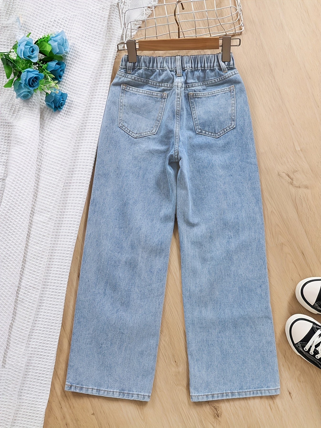 Girls Ripped Denim Pants Comfortable Jeans For Sports Kids