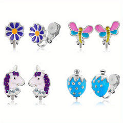 4 Pairs Enamel Ear Clips For Girls Animal Clip Earrings Pack