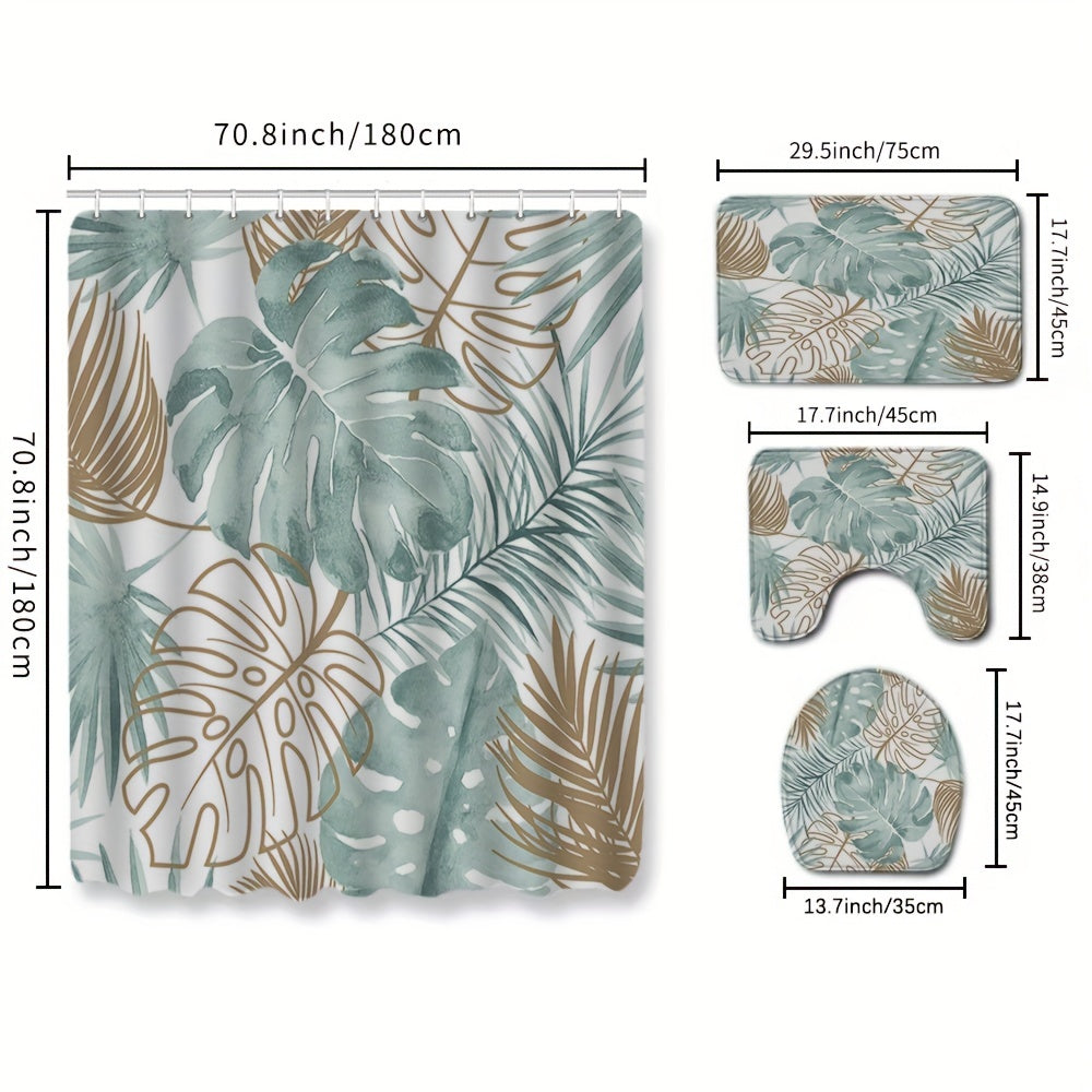 Leaf Pattern Shower Curtain Set with Non Slip Design