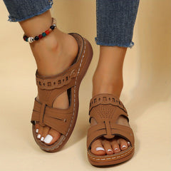 Women's Retro Low Wedge Slippers - Open Toe Arch Support
