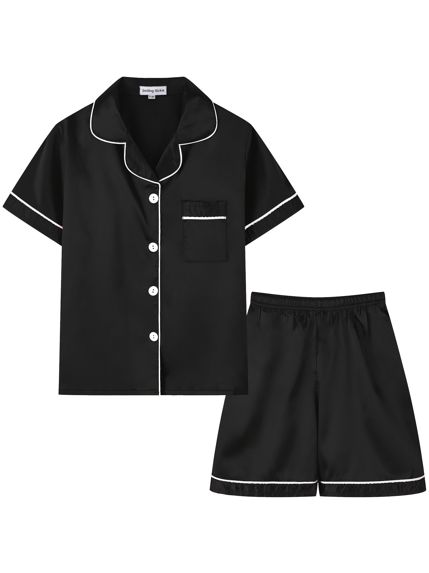 Girls Pajamas Set V Neck Button Short Sleeve Top & Shorts Kids Summer Outfit