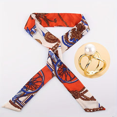 Orange Skinny Scarf & Scarf Ring Set with Faux Pearl Clip