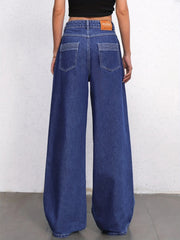 Double Pocket Detail Wide Leg Mopping Jeans Mid Rise Washed Patch