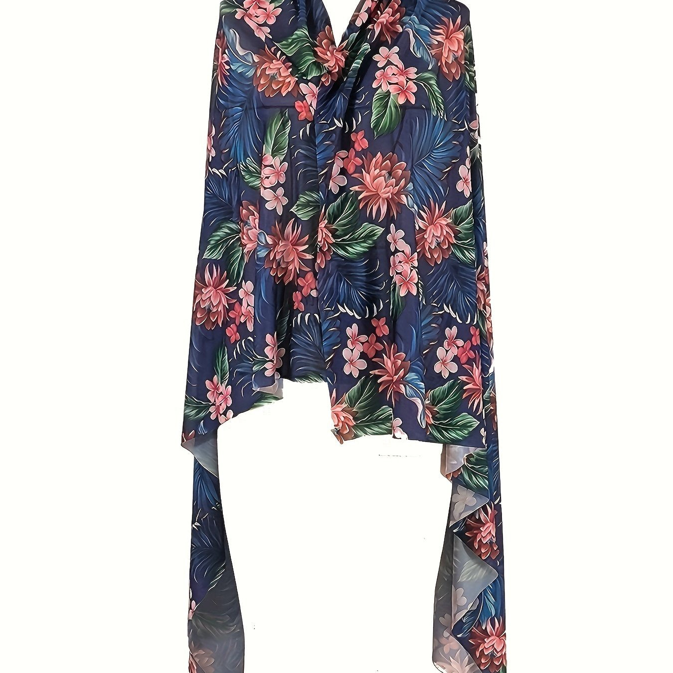 Floral Leaf Print Cover Up Semi Sheer Shawl