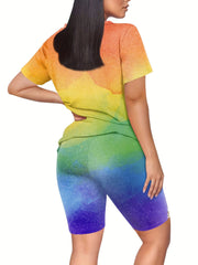 V Neck Short Sleeve Tee & Workout Slim Shorts Set Women's Clothing
