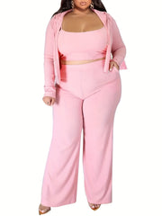 Casual Outfit Set Zipper Front Drawstring Hoodie & Cami Top & Pants