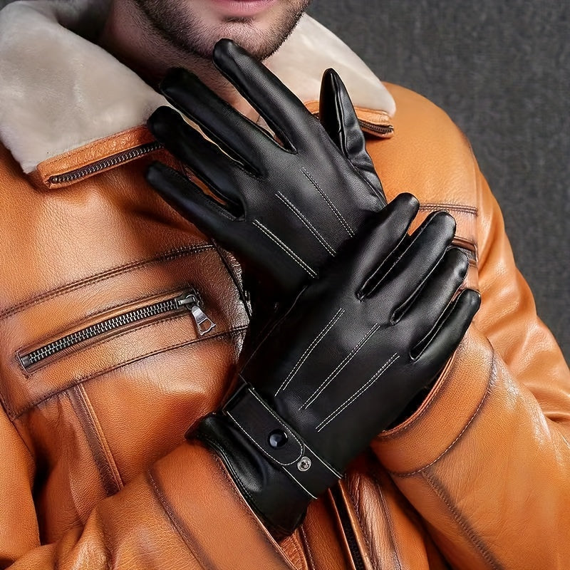 Men's Winter Leather Plus Velvet Touch Screen Gloves Waterproof Windproof