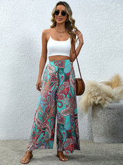 Paisley Print Wide Leg Pants Elastic Waist Casual Pants