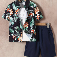 Boys Flower & Leaf Print Shirt & Shorts Set Kids Summer Clothes