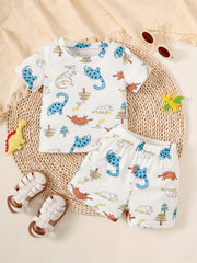2pcs Baby Boys Dino Print T Shirt & Shorts Set