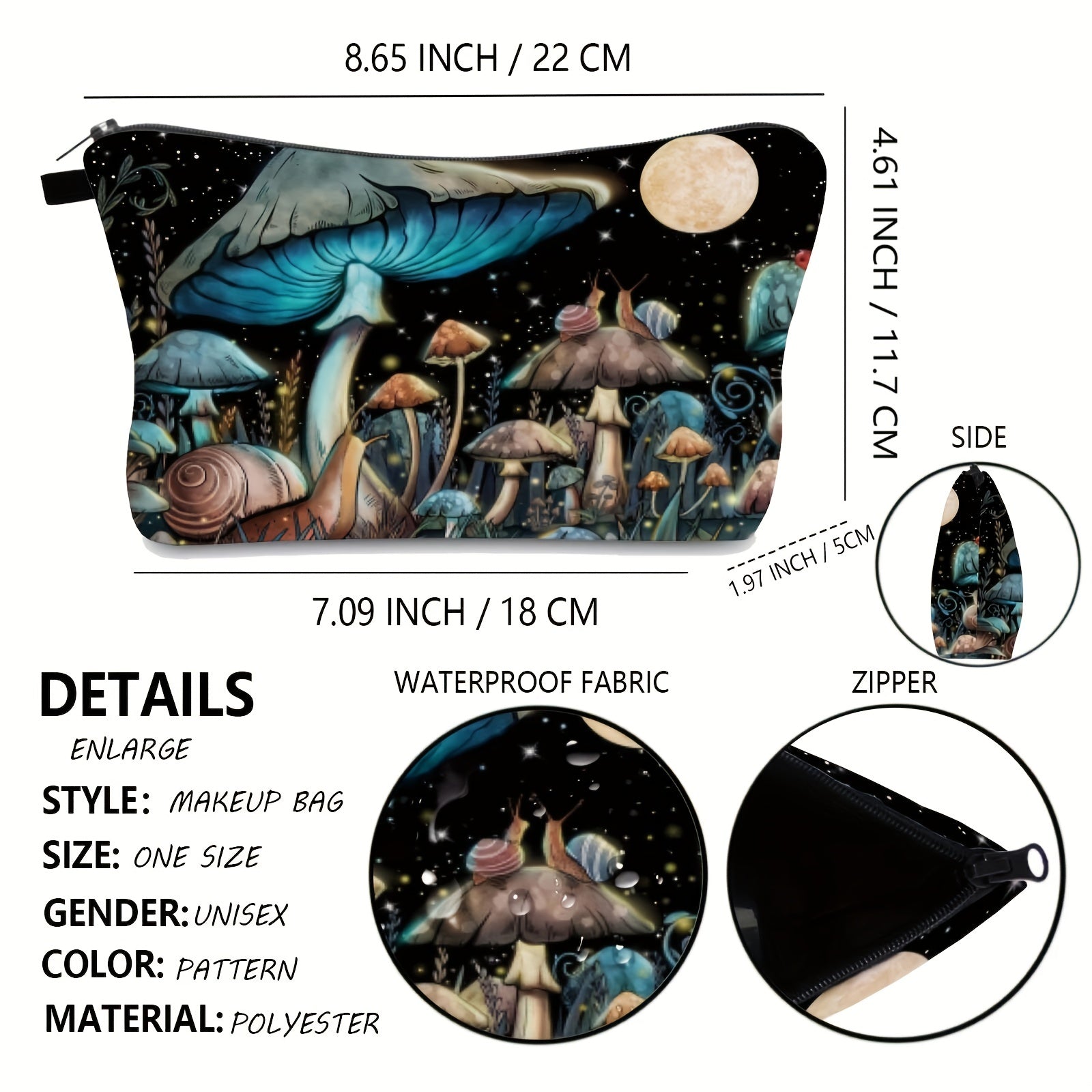 Portable Mushroom Print Makeup Bag Waterproof Cosmetic Case Travel Organizer