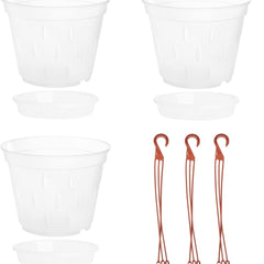 3pcs Transparent Orchid Pots W/ Saucers & Hanging Hooks Indoor Outdoor Decor