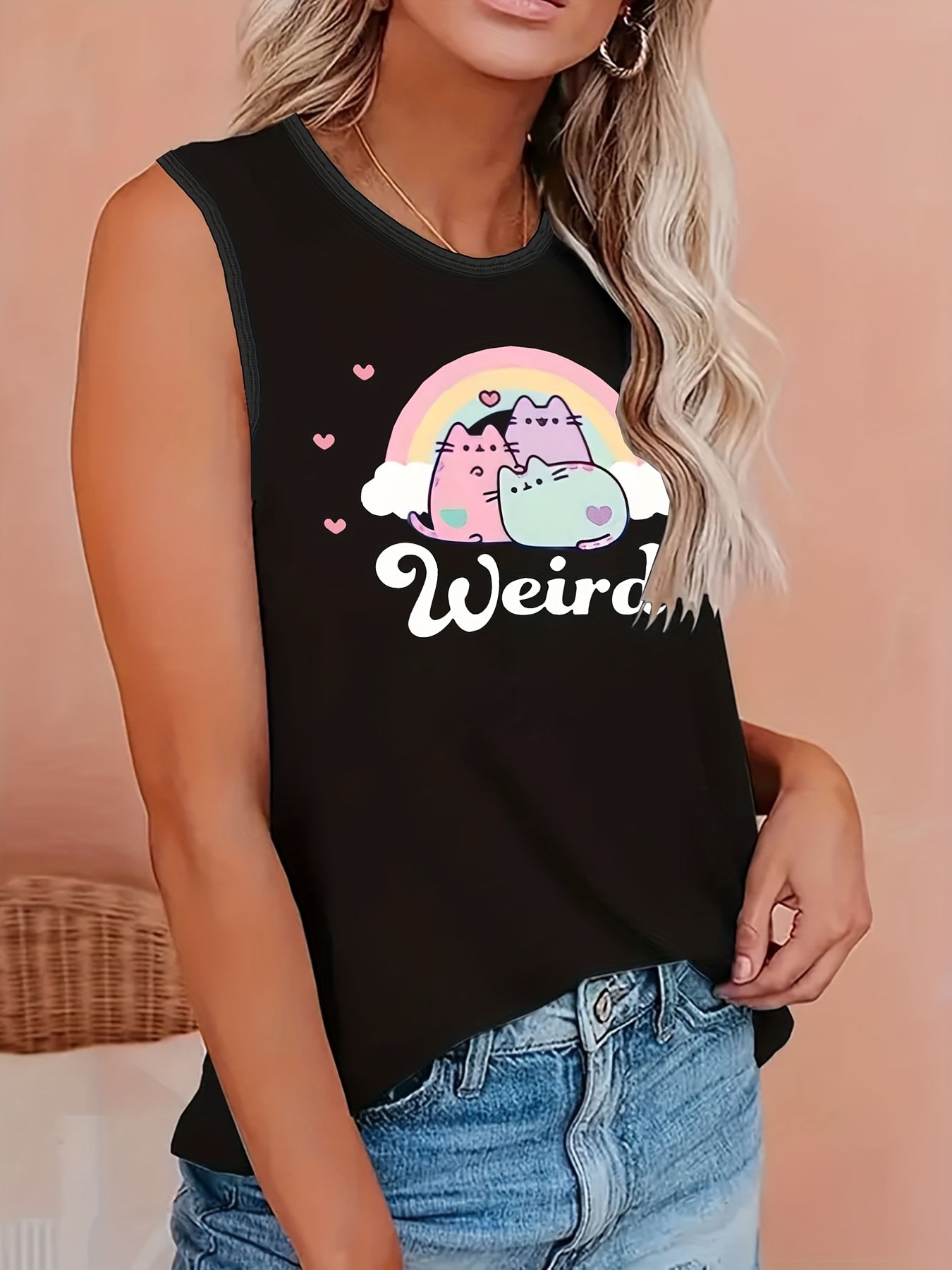 Cat & Rainbow Print Round Neck Tank Top
