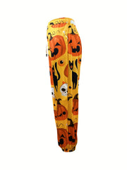 Pumpkin Print Halloween Drawstring Pants Women's Clothing