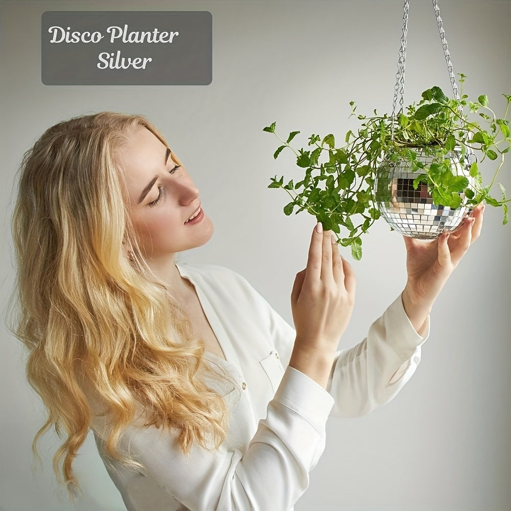 Slivery Disco Mirror Ball Planter With Chain Plant Hanger
