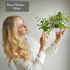 Slivery Disco Mirror Ball Planter With Chain Plant Hanger