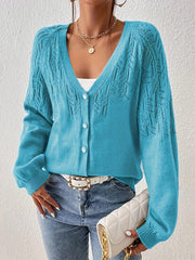 Solid Eyelet Embroidered Button Up Long Sleeve Cardigan