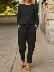 2-Piece Set: Solid Long Sleeve Top & Tapered Leg Pants