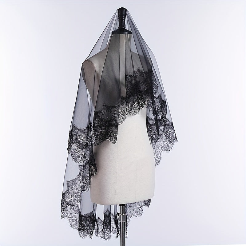Sheer Bridal Veil with Lace Detailing and Comb