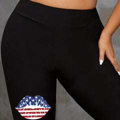 Women's Plus Graphic & Letter Print High Rise Skinny Fitness Shorts