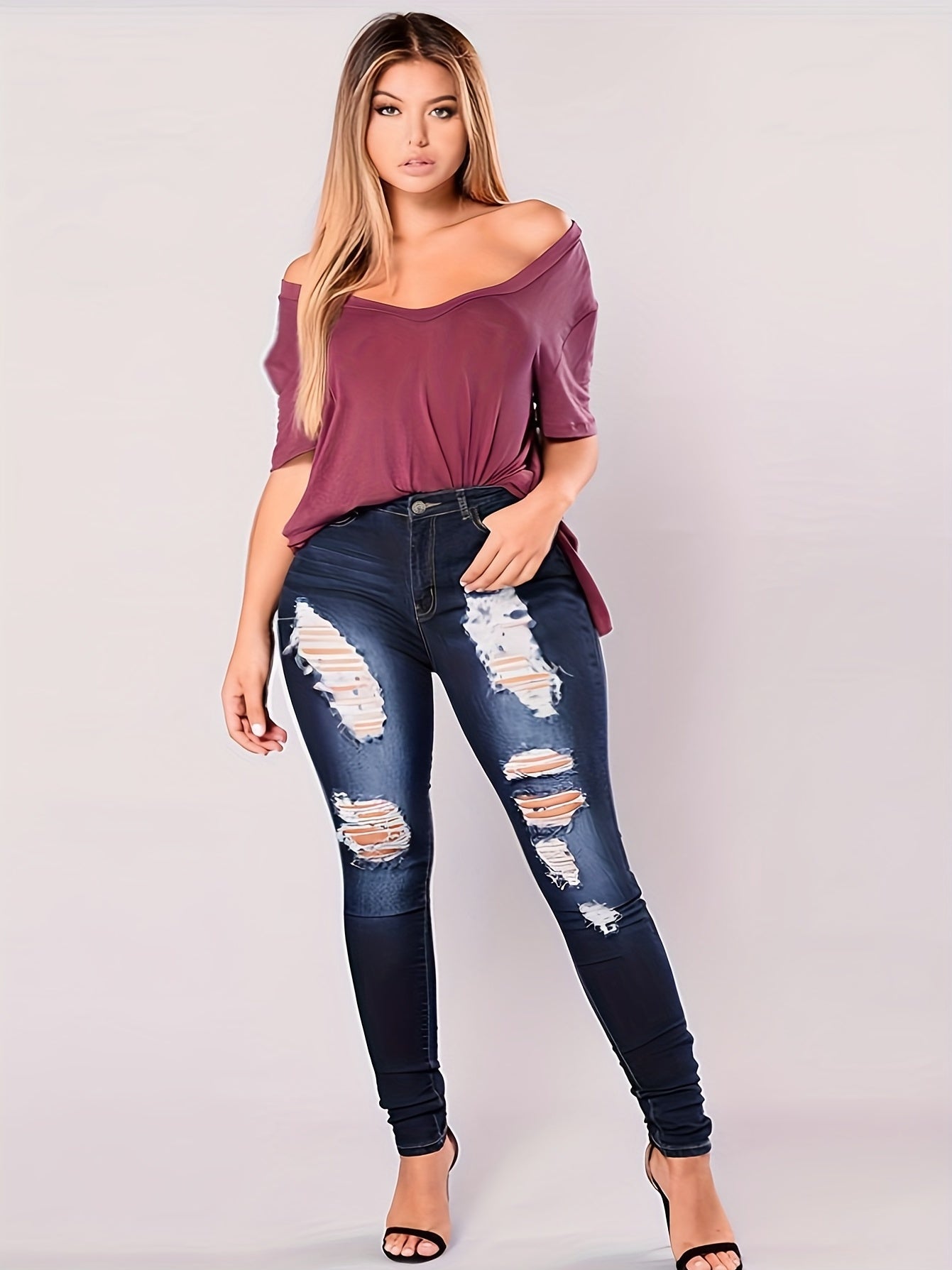 Ripped Washed Button Fly Skinny Jeans