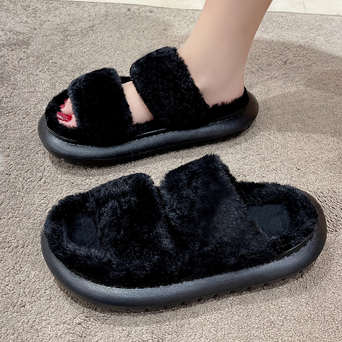 Women's Fuzzy Plush House Slippers Comfy Open Toe Non-slip Bedroom Shoes