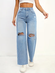 Frayed Trim Straight Jeans Boyfriend Style Wide Legs