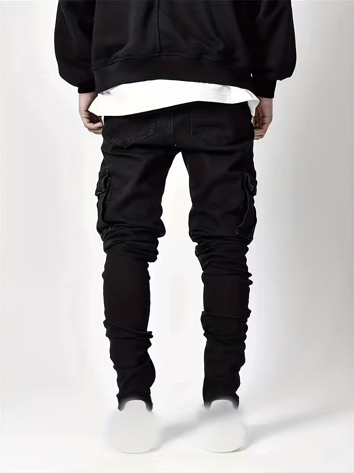 Men's Slim Fit Cargo Jeans Solid Mid Denim Pants