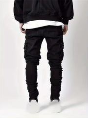 Men's Slim Fit Cargo Jeans Solid Mid Denim Pants