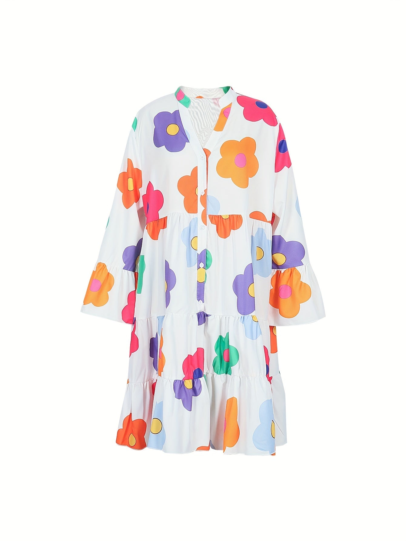 Floral Print Long Sleeve V Neck Shirt Dress