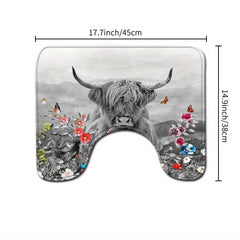 Highland Cow Shower Curtain Set with 12 Hooks and Non Slip Bathroom Rug