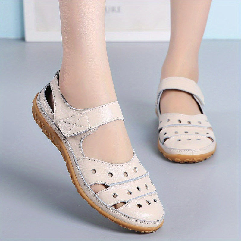 Hollow Out Faux Leather Sandals Hook & Loop Ankle Flat Sandals