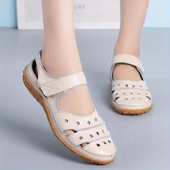 Hollow Out Faux Leather Sandals Hook & Loop Ankle Flat Sandals