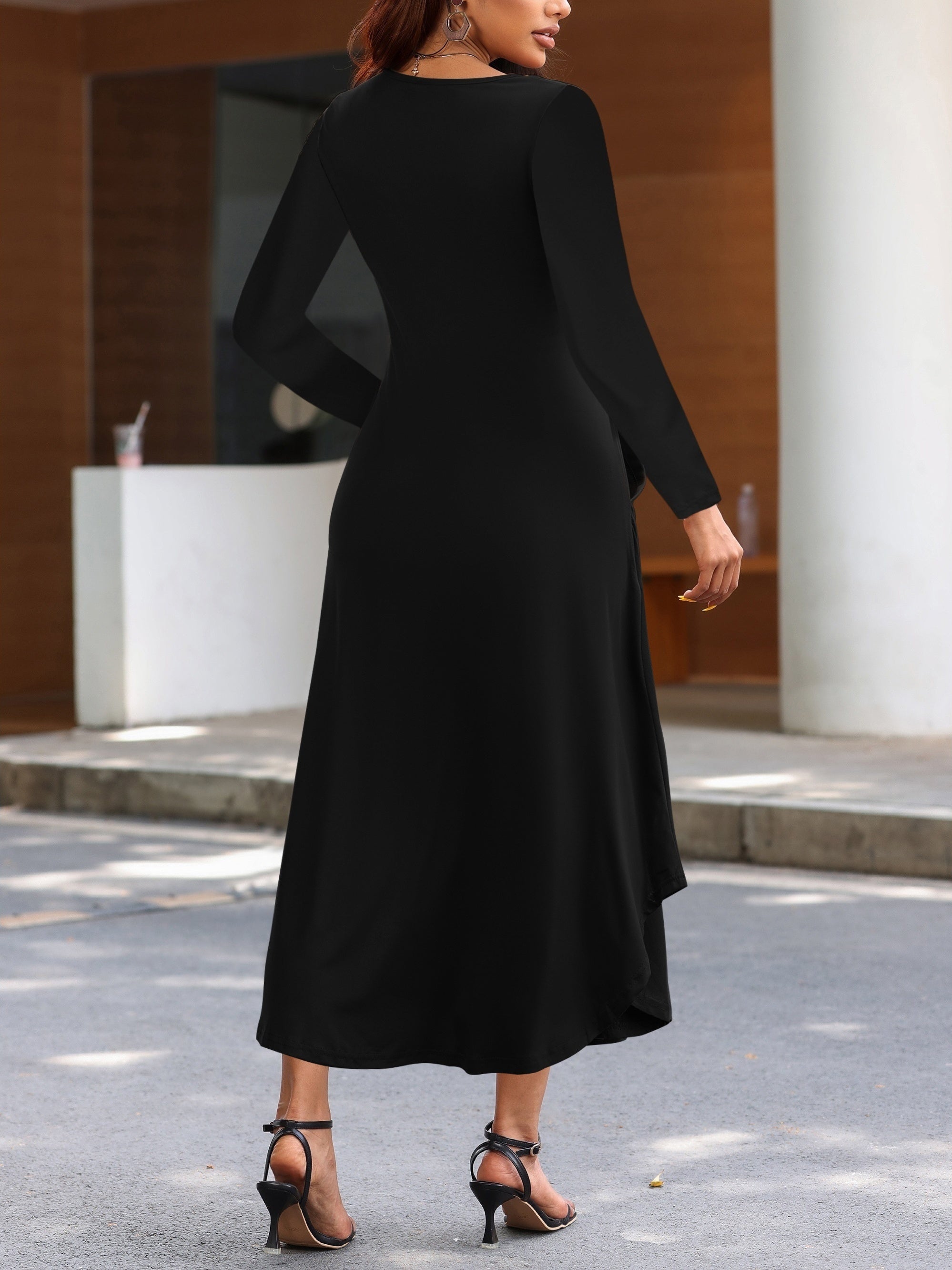 Solid Long Sleeve Casual Dress with Pockets