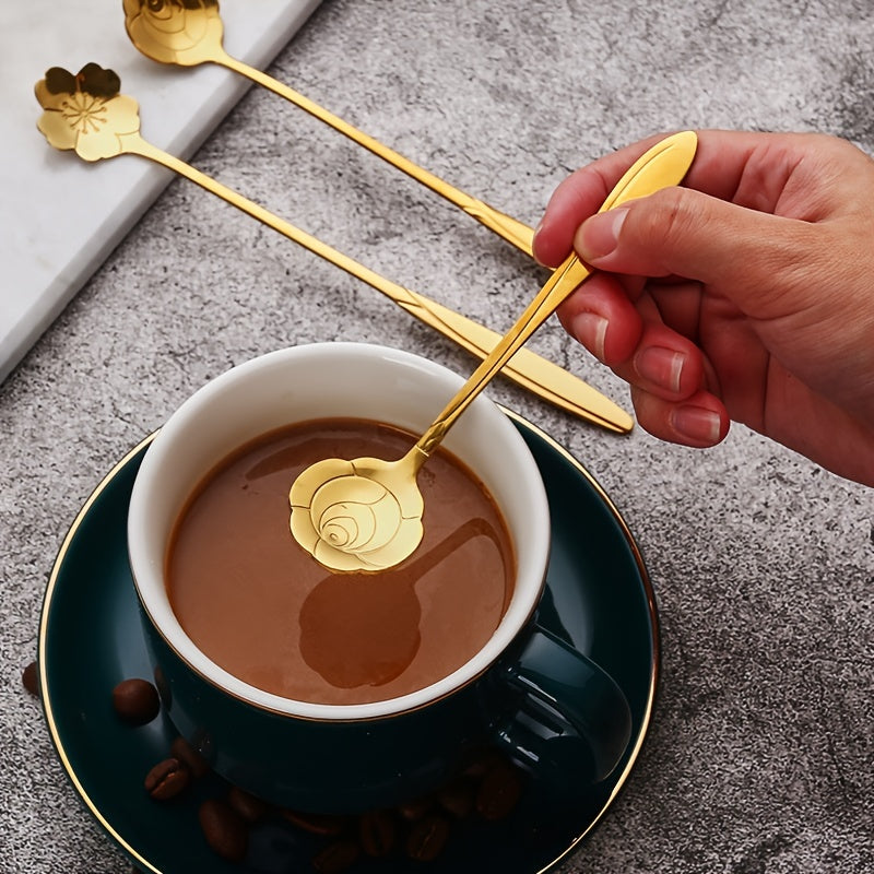 9pcs Stainless Steel Flower Coffee & Dessert Spoons, Rose Silver-Plated